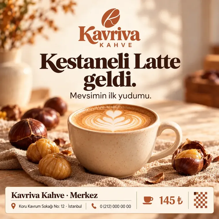 Kavriva Kahve merkezinin Kestaneli Latte ana tasarımı