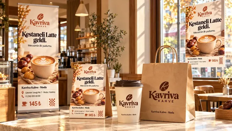 Kavriva Kahve Moda mağazası için hazırlanan bardak, poşet ve afiş seti