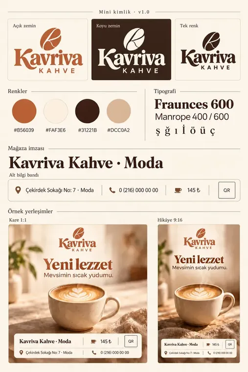Kavriva Kahve kurumsal dil paketinden mini kimlik kartı: logo, renkler, yazı tipi ve imza kuralları